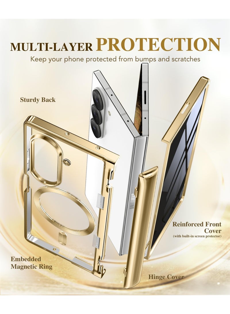 بيرفي جراب لسامسونج جالاكسي زد فولد 7 مع واقي شاشة للخصوصية، [متوافق مع ماج سيف] [حامل مخفي] تصميم شفاف مطلي، جراب صلب نحيف مقاوم للصدمات بحماية كاملة للهاتف، ذهبي - Image 5